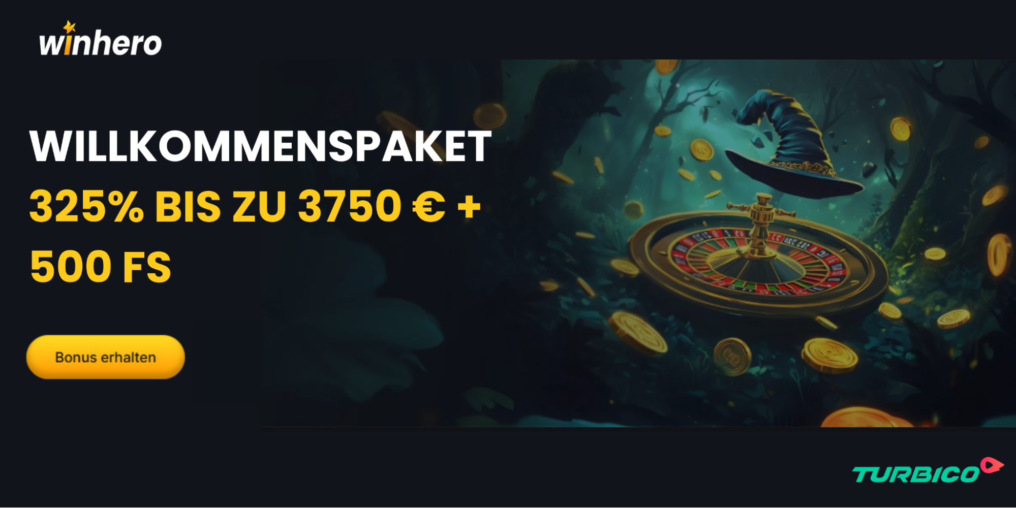 Winhero Banner mit Willkommenspaket: 325 % bis zu 3.750 € + 500 FS und ein Roulettespiel daneben.
