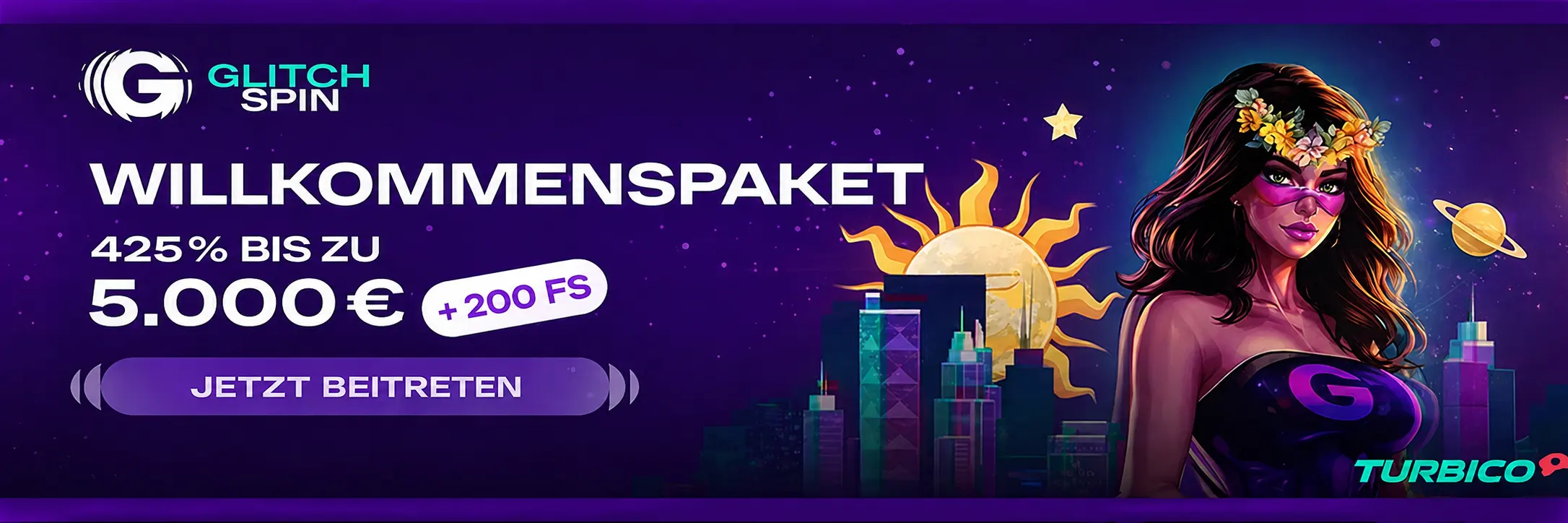 GlitchSpin Casino Banner mit Willkommenspaket