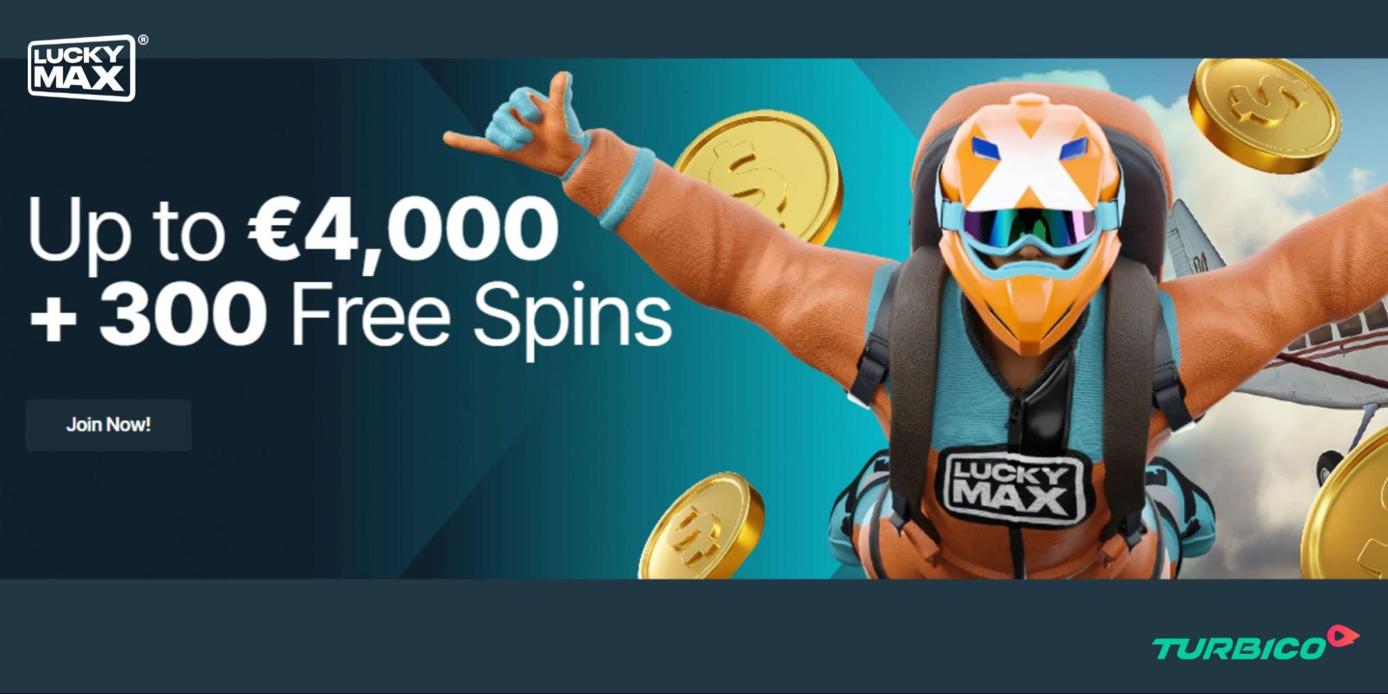 Lucky Max casino banner featuring a welcome bonus offer of up to €4000 and 300 free spins.