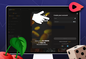 A desktop is displaying Spinstar's sign up page, a cursor, a turbo symbol, a dice, and a cherry, all on a dark blue background.
