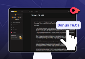 A desktop is displaying Spinstar's terms of use page, a cursor, a turbo symbol, and a bonus T&Cs button, all on a dark blue background.