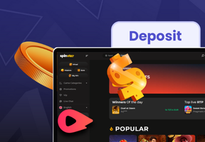 A desktop is displaying Spinstar's homepage, a deposit button, a turbo symbol, and a gold chip, all on a dark blue background.