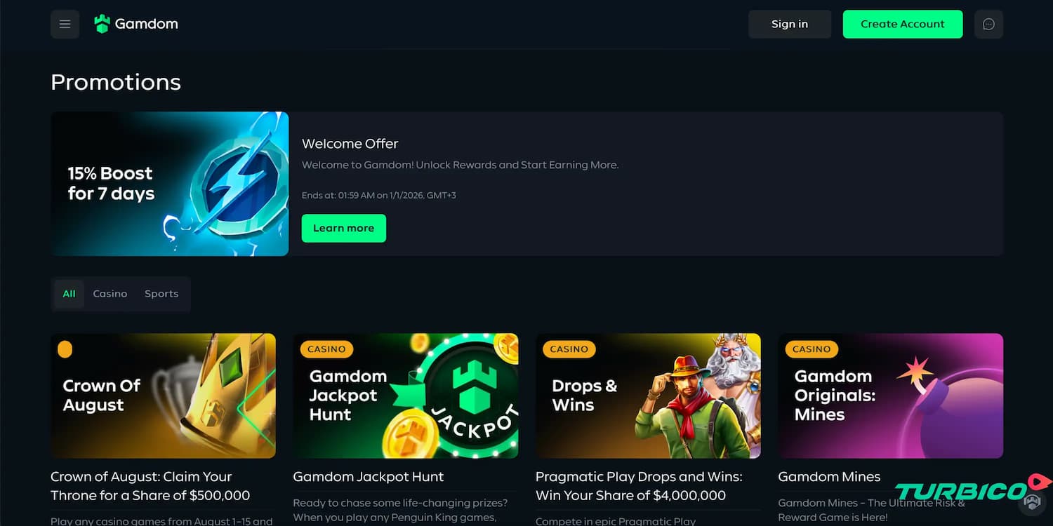 A screenshot of the Gamdom casino promotions page, showing various offers like "Welcome Offer" and "Crown Of August".