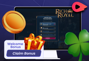 A desktop monitor showing a welcome bonus selection pop-up for Rich Royal casino, with a 