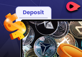 A screen shows various cryptocurrency symbols, with a Deposit button, a dollar sign, and a coin.