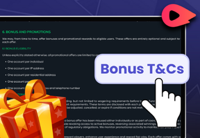 A computer screen shows bonus terms and conditions with a cursor pointing to 
