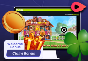 A computer screen shows a Welcome Bonus button with a casino game in the background.